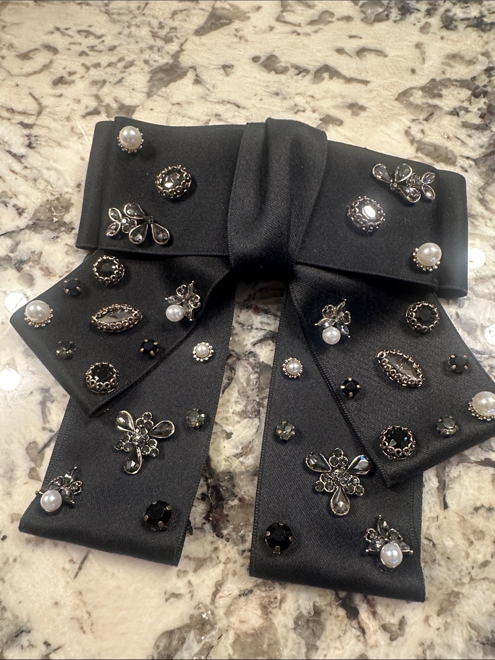 Saks Fifth Avenue Black Bow Hair Clip with Pearl & Crystal Accents